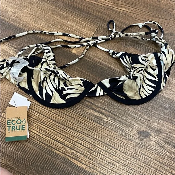 Volcom Lip Palm Bikini Set Black and Cream Leaf Print